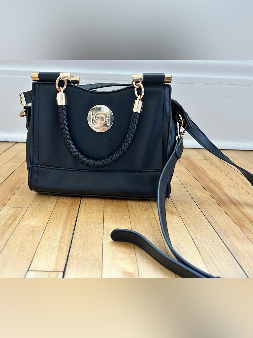 Bébé Black Structured Top-Handle Crossbody Bag with Gold Accent Y2K